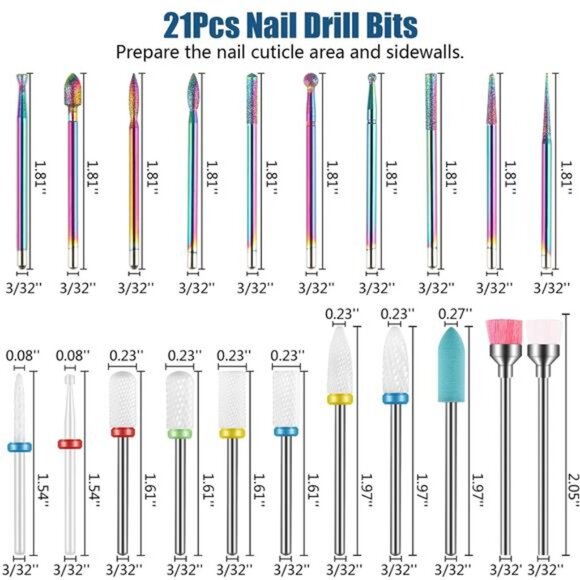 21pcs Nail Drill Bits Sets, 3/32 Inch Diamond Cuticle Electric Nail File - Picture 6 of 7